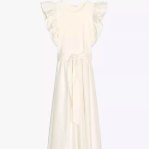 Zara Cream Ruffle-Sleeve Midi Dress with Waist Tie